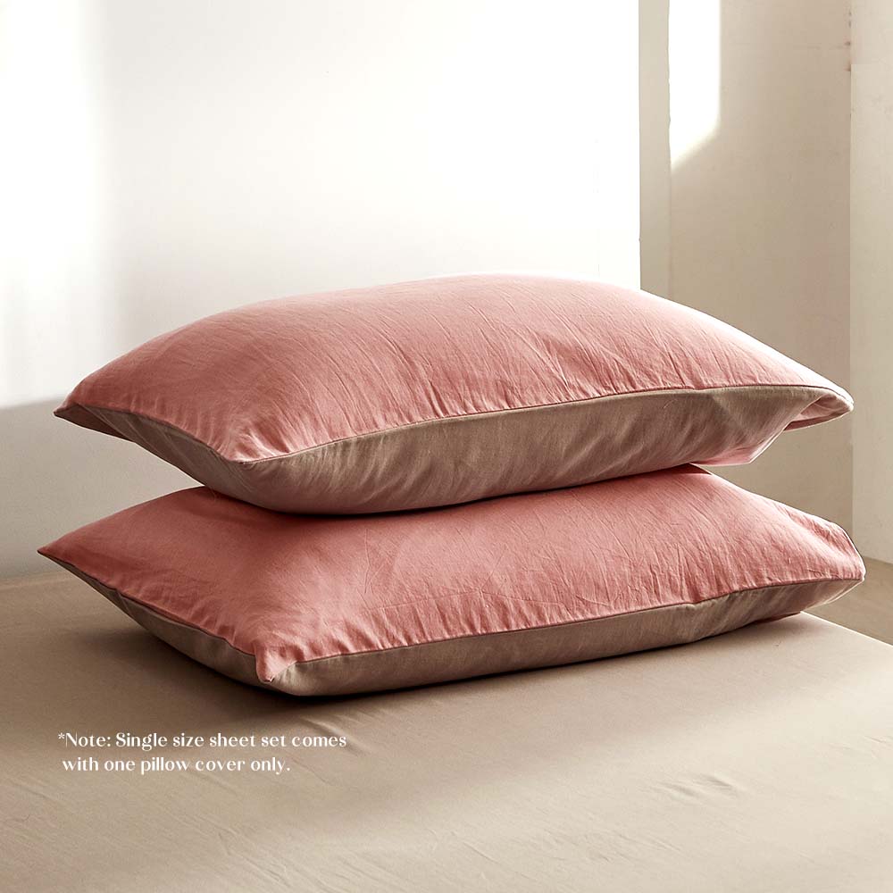 Cosy Club Washed Cotton Sheet Set Pink Brown Single - House Things Home & Garden > Bedding