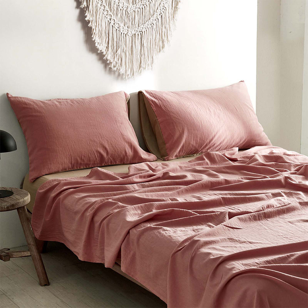Cosy Club Washed Cotton Sheet Set Pink Brown Single - House Things Home & Garden > Bedding