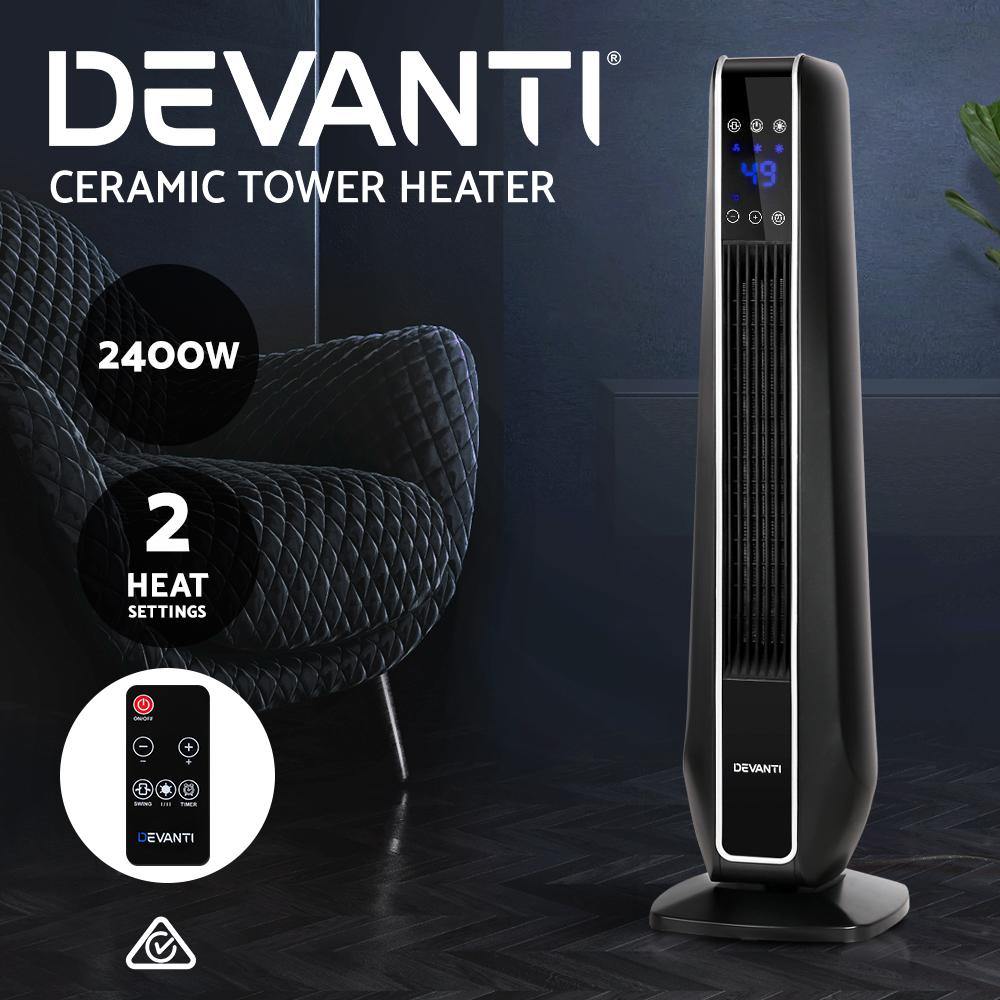 Devanti Electric Ceramic Tower Fan Heater Portable Oscillating Remote Control 2400W Black - Housethings 