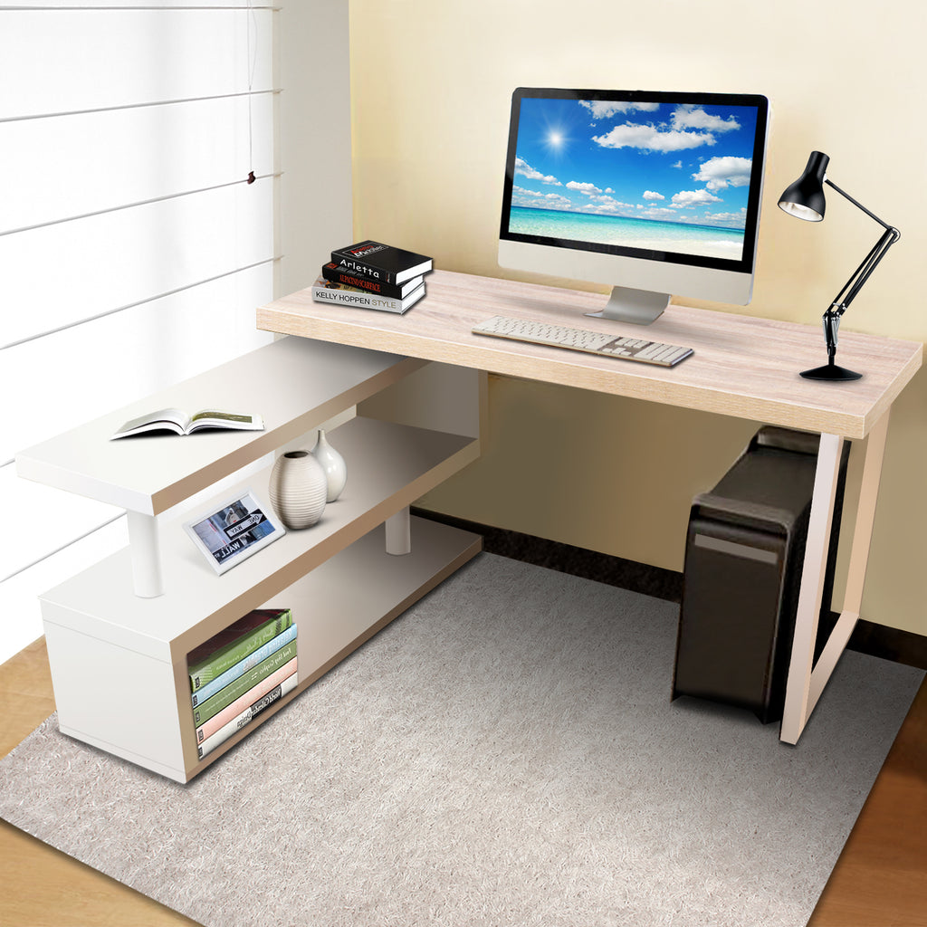 Rotary Corner Desk with Bookshelf - Brown & White - House Things Furniture > Office