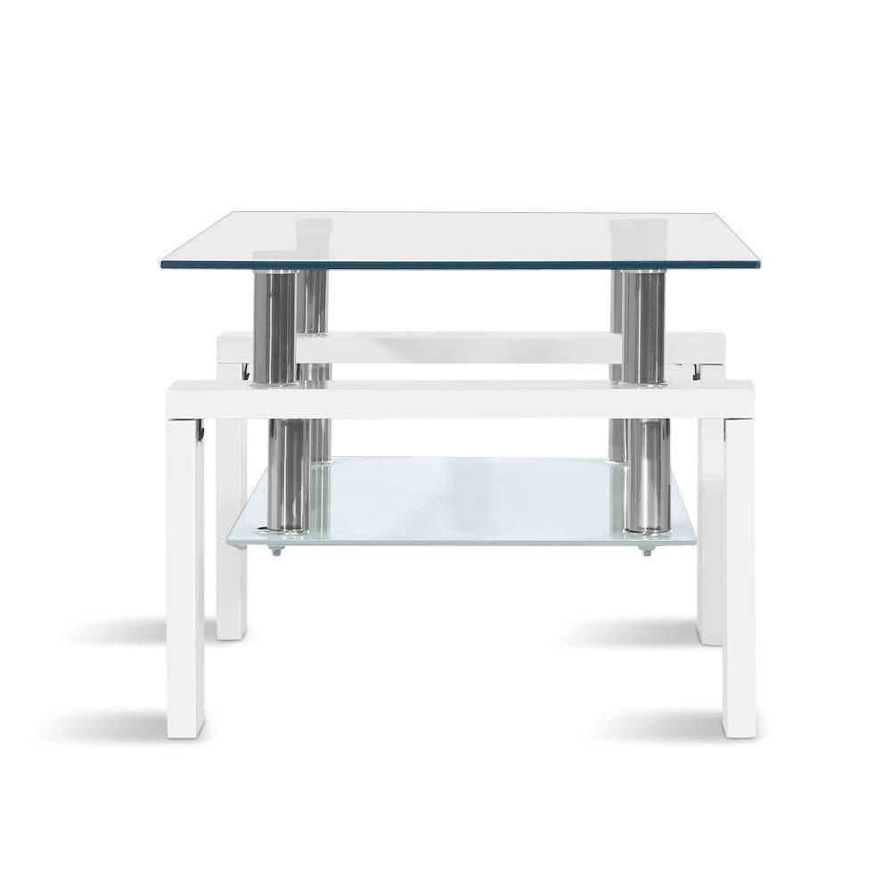 2 Tier Coffee Table Tempered Glass Stainless Steel White - Housethings 