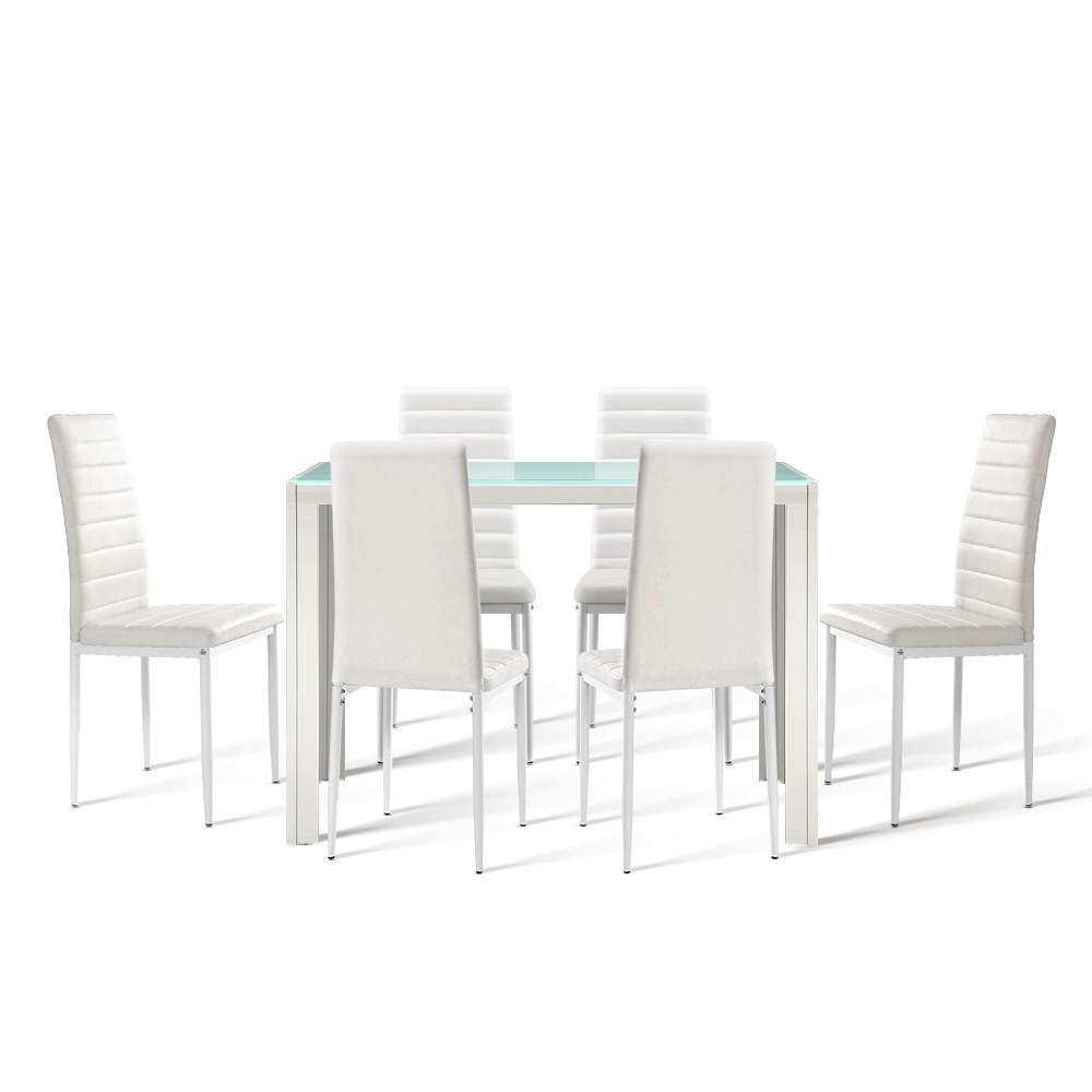 7-piece Dining Table and Chairs Dining Set Tempered Glass Leather Seats - Housethings 