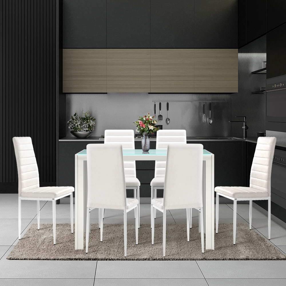 7-piece Dining Table and Chairs Dining Set Tempered Glass Leather Seats - Housethings 