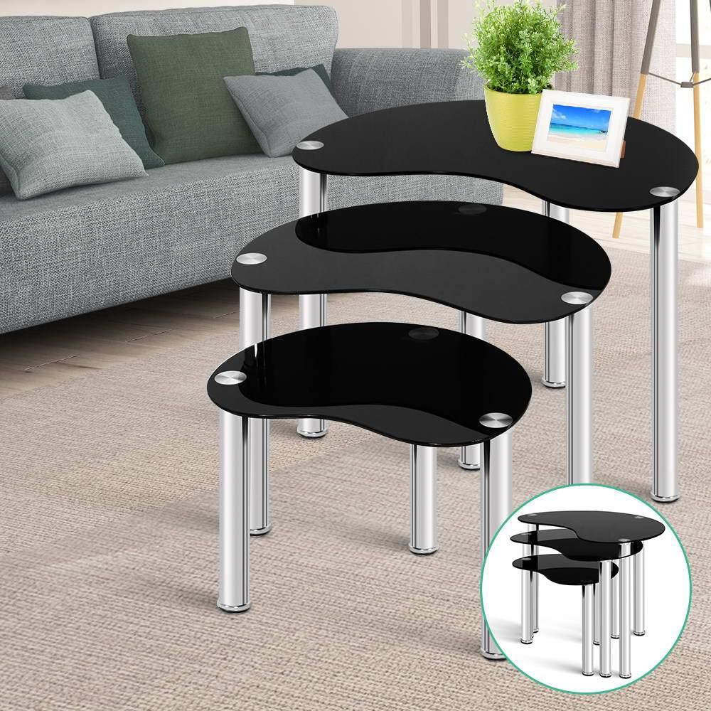 Set Of 3 Glass Coffee Tables - Black - House Things Furniture > Dining