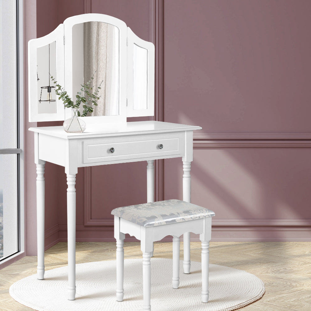 Dressing Table with Stool Mirror & Drawer - House Things Furniture > Bedroom