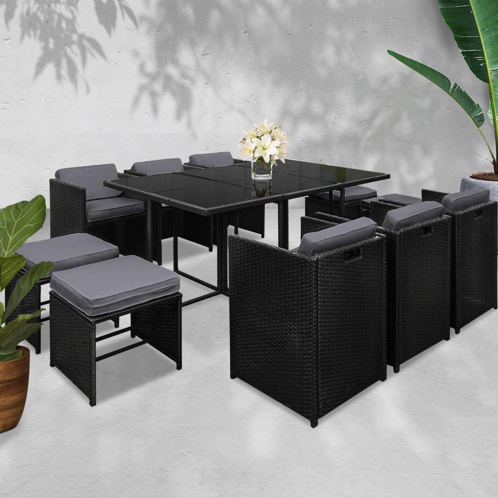 11 Piece PE Wicker Outdoor Dining Set - Black - House Things Furniture > Outdoor
