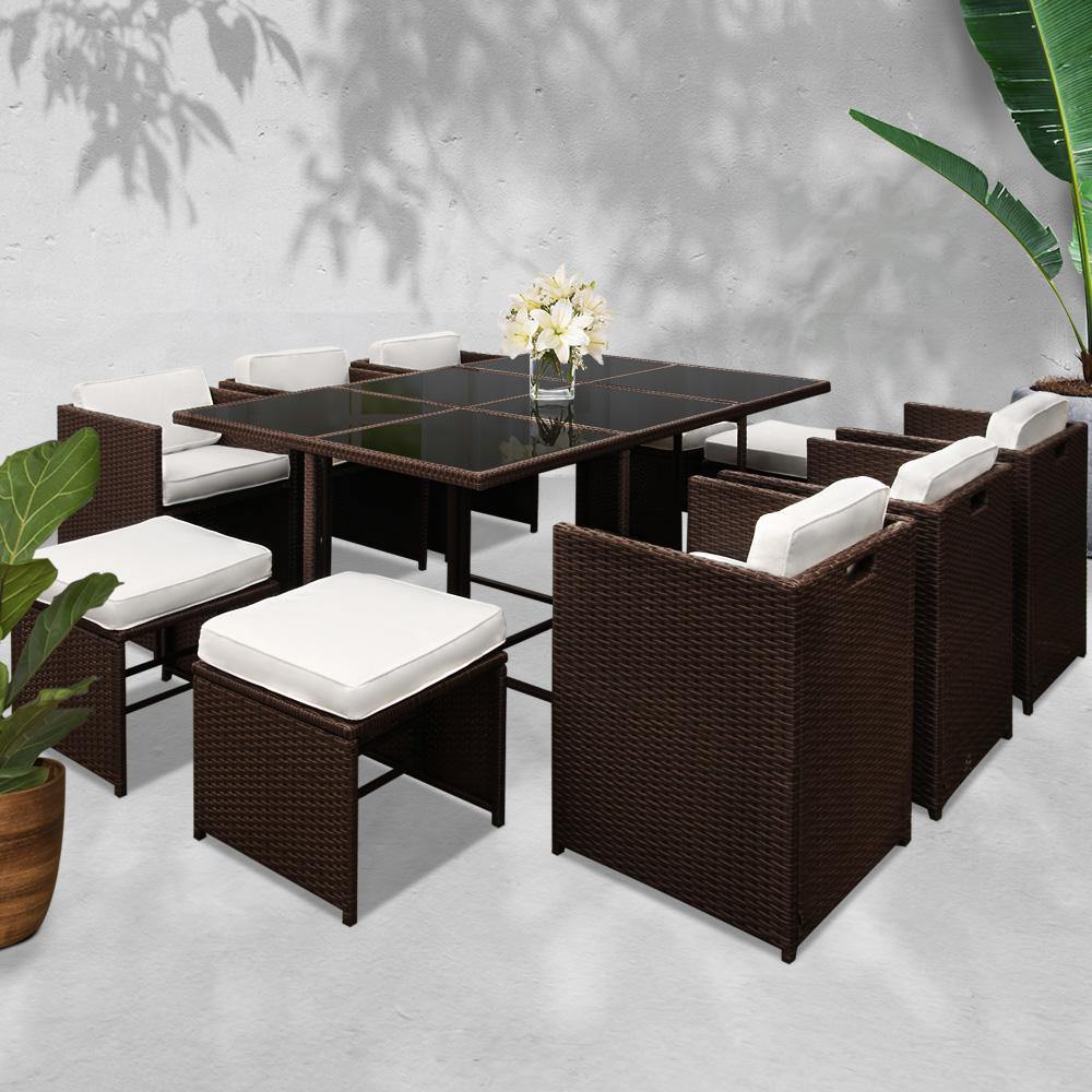 11 Piece PE Wicker Outdoor Dining Set - Brown & White - House Things Furniture > Dining