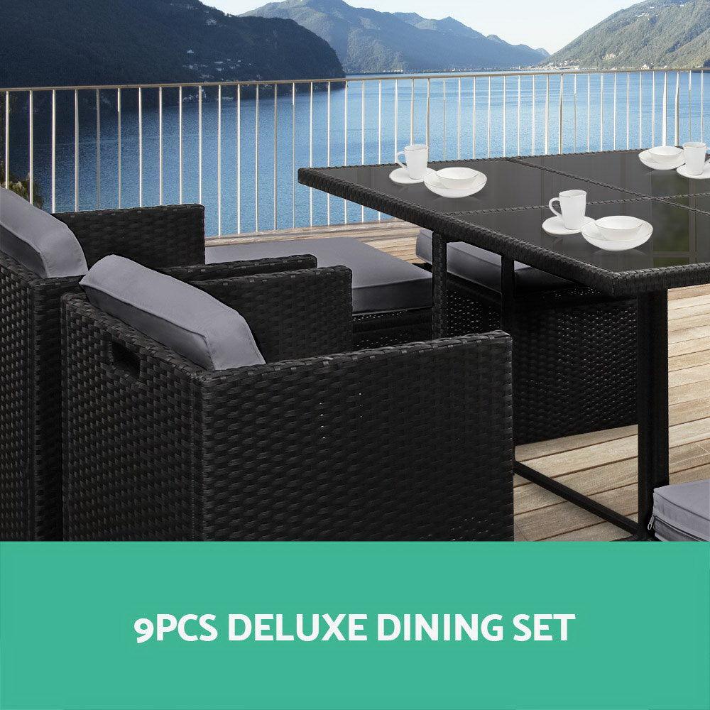 9 Piece Wicker Outdoor Dining Set - Black & Grey - House Things Furniture > Dining