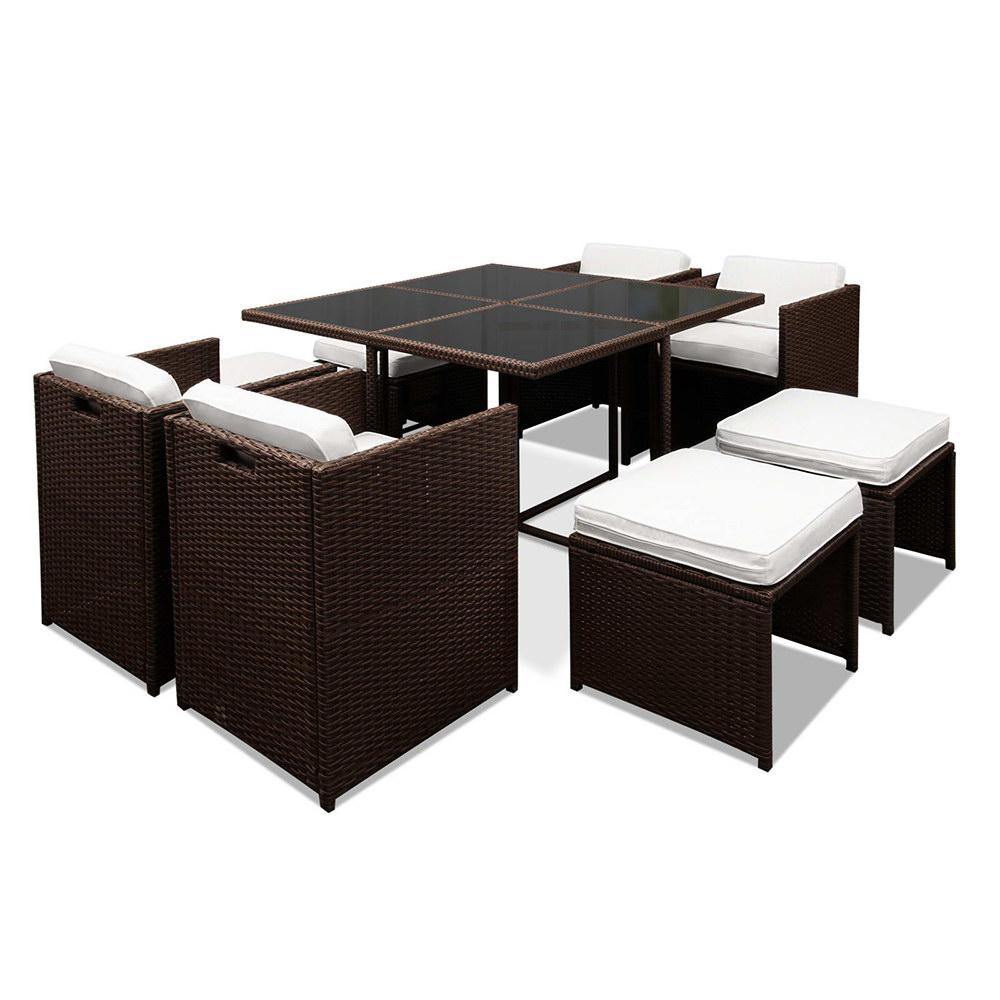 9 Piece Wicker Outdoor Dining Set - Brown & White - House Things Furniture > Dining