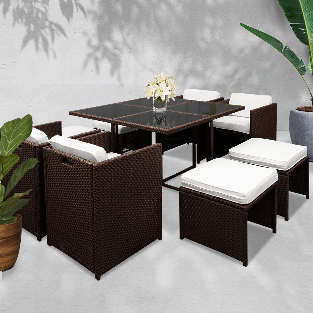 9 Piece Wicker Outdoor Dining Set - Brown & White - House Things Furniture > Dining