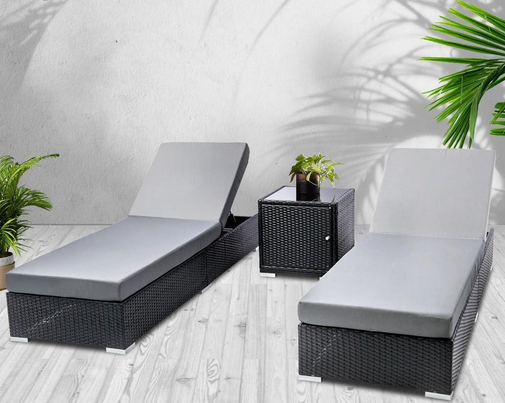 Outdoor Sun Lounge Wicker Patio 3pc Black Frame - House Things Furniture > Outdoor