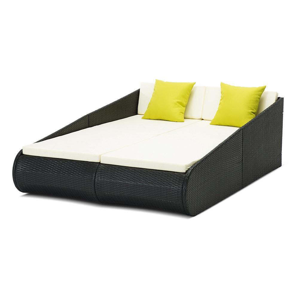 2 Seat PE Wicker Sun Lounge Daybed - Black - Housethings 