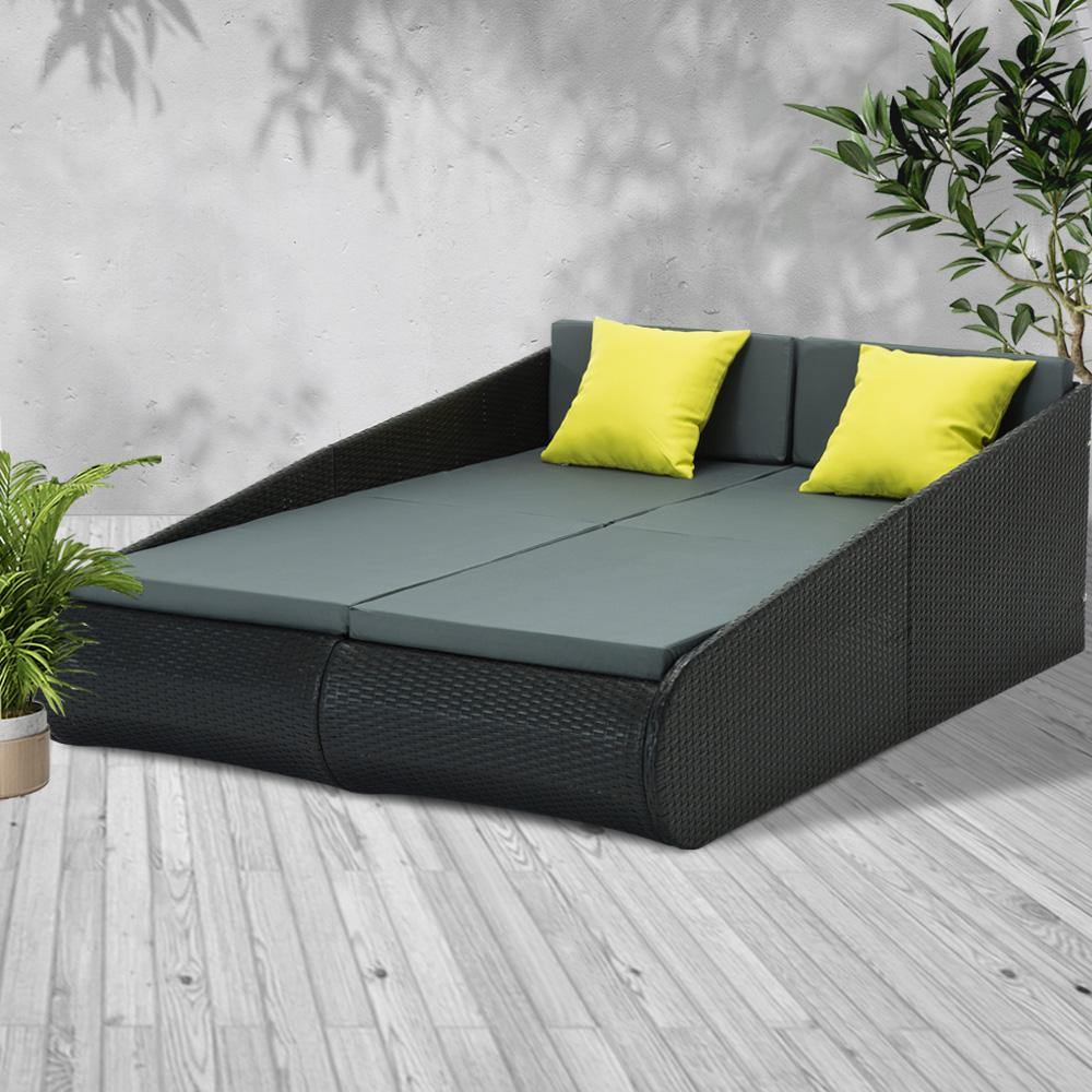 2 Seat PE Wicker Sun Lounge Daybed - Black - Housethings 