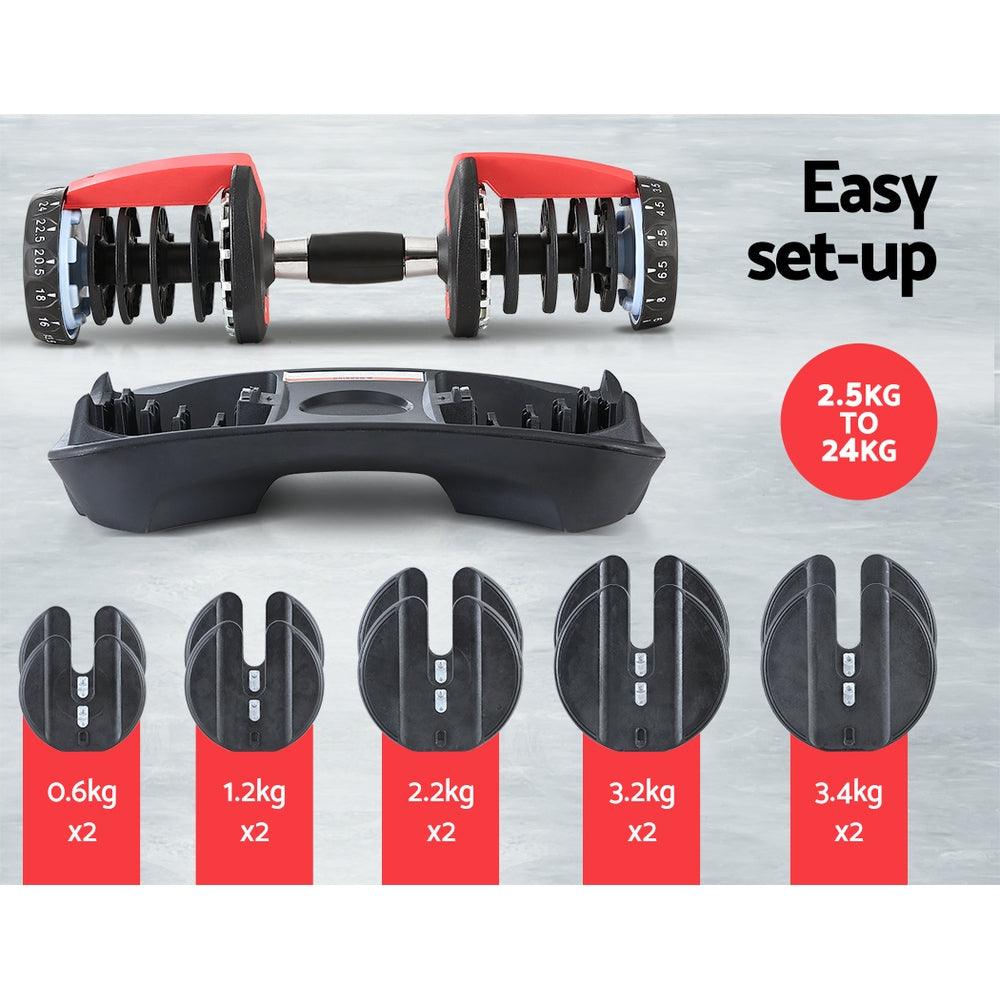 24kg Adjustable Dumbbell Dumbbells Weight Plates Home Gym Fitness Exercise - House Things Sports & Fitness > Fitness Accessories