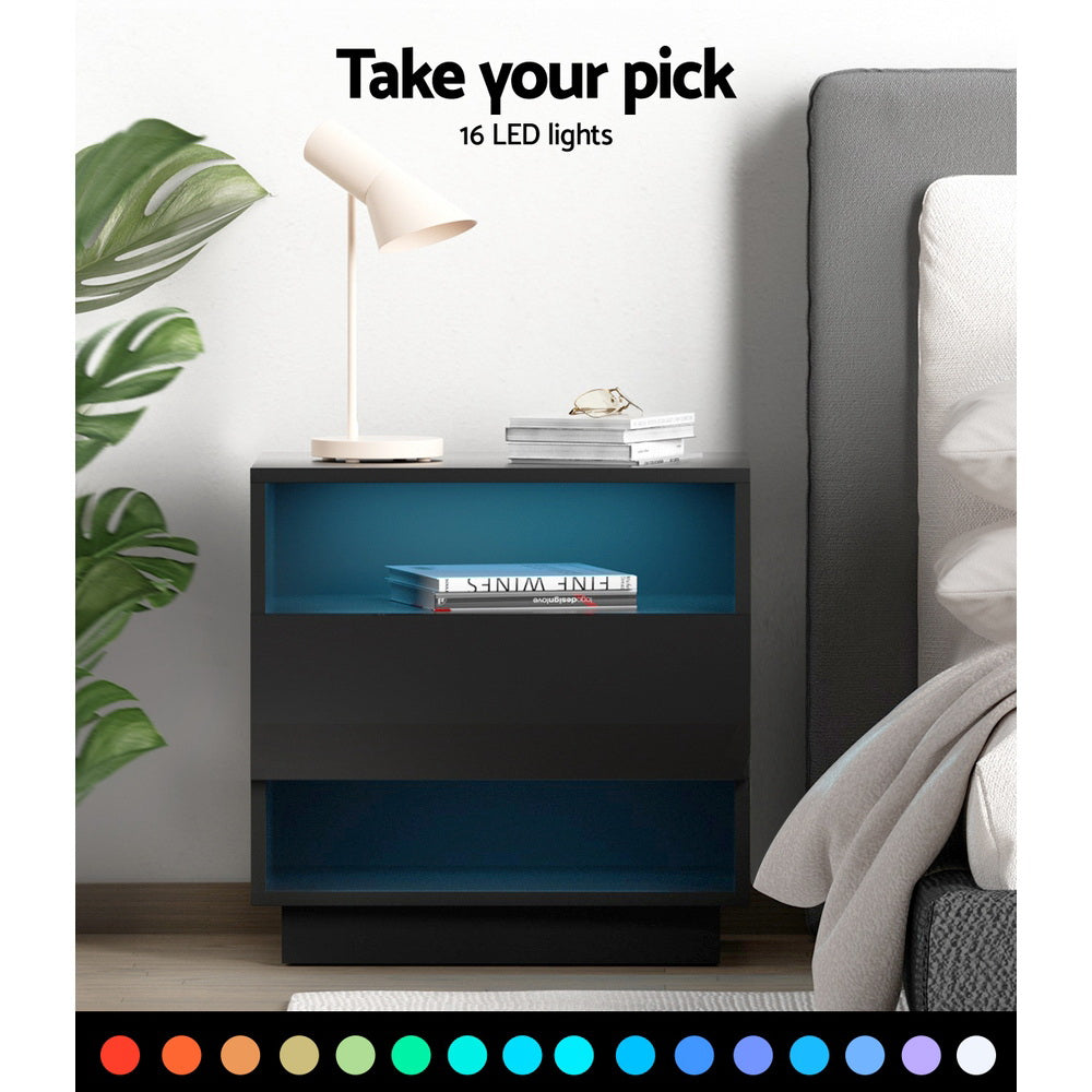 LED Bedside Tables Side Table High Gloss Black - House Things Furniture > Bedroom