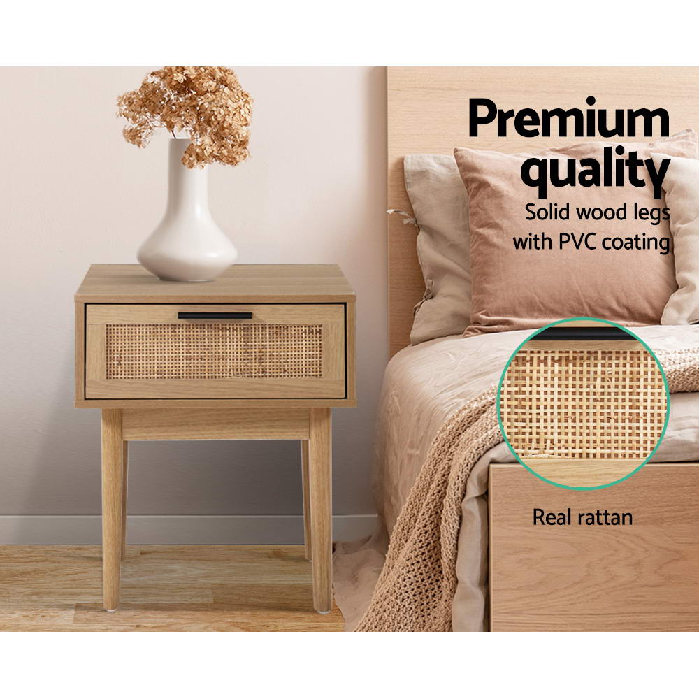 Artiss Bedside Tables Table 1 Drawer Storage Cabinet Rattan Wood Nightstand - House Things Furniture > Bedroom