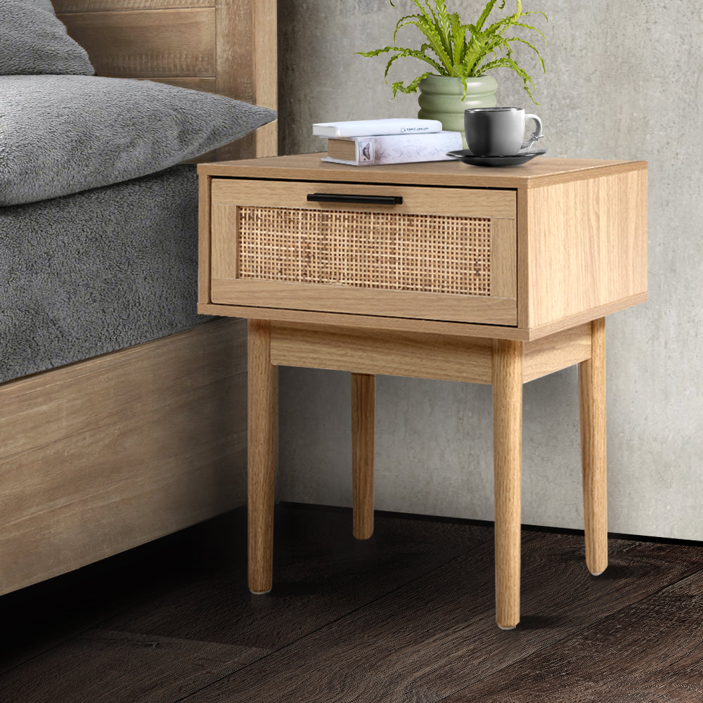 Artiss Bedside Tables Table 1 Drawer Storage Cabinet Rattan Wood Nightstand - House Things Furniture > Bedroom