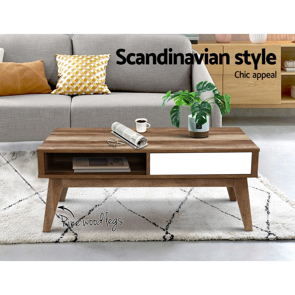 Coffee Table 2 Storage Drawers Open Shelf Scandinavian Wooden White - House Things Furniture > Living Room