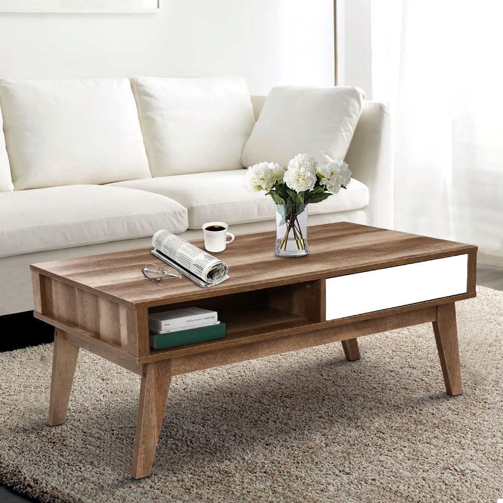 Coffee Table 2 Storage Drawers Open Shelf Scandinavian Wooden White - House Things Furniture > Living Room