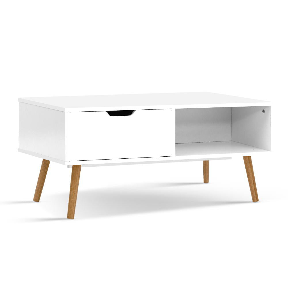 Coffee Table Storage Drawer Open Shelf Wooden Legs Scandinavian White - House Things Furniture > Living Room