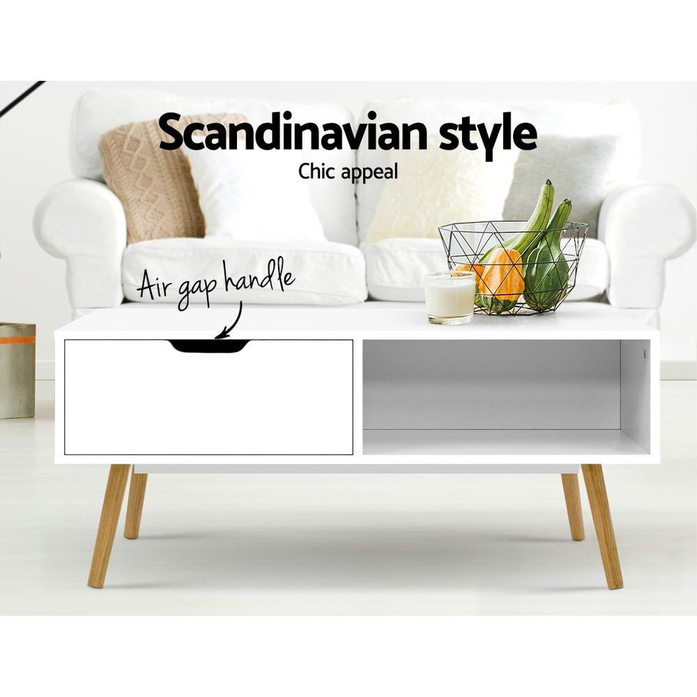 Coffee Table Storage Drawer Open Shelf Wooden Legs Scandinavian White - House Things Furniture > Living Room