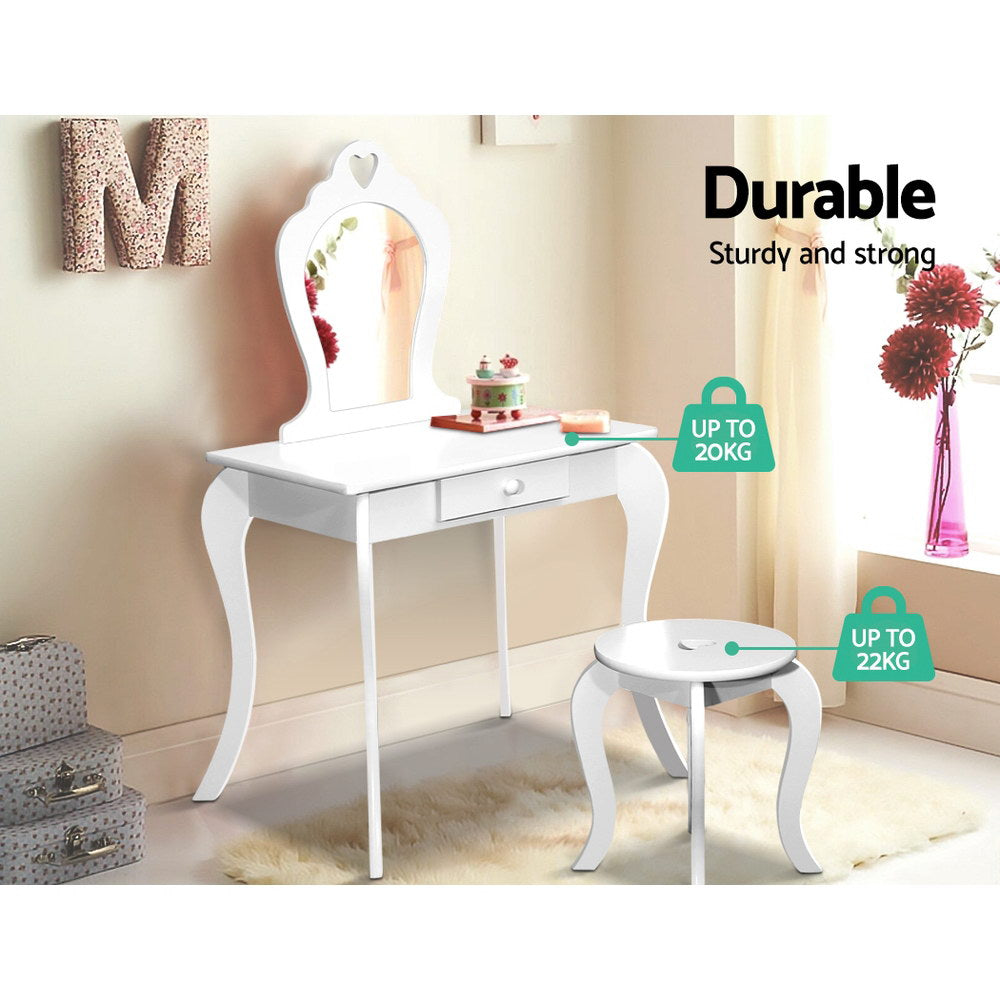 Kids Vanity Dressing Table Stool Set Mirror Drawer White - House Things Furniture