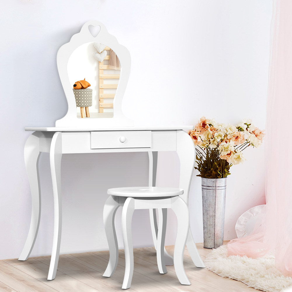 Kids Vanity Dressing Table Stool Set Mirror Drawer White - House Things Furniture