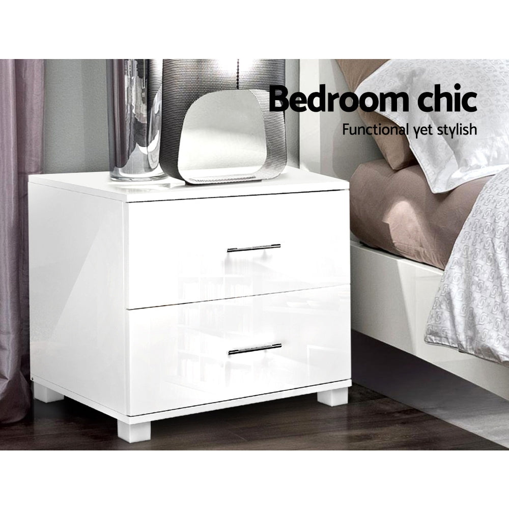 High Gloss Two Drawers Bedside Table - White - House Things Furniture > Bedroom