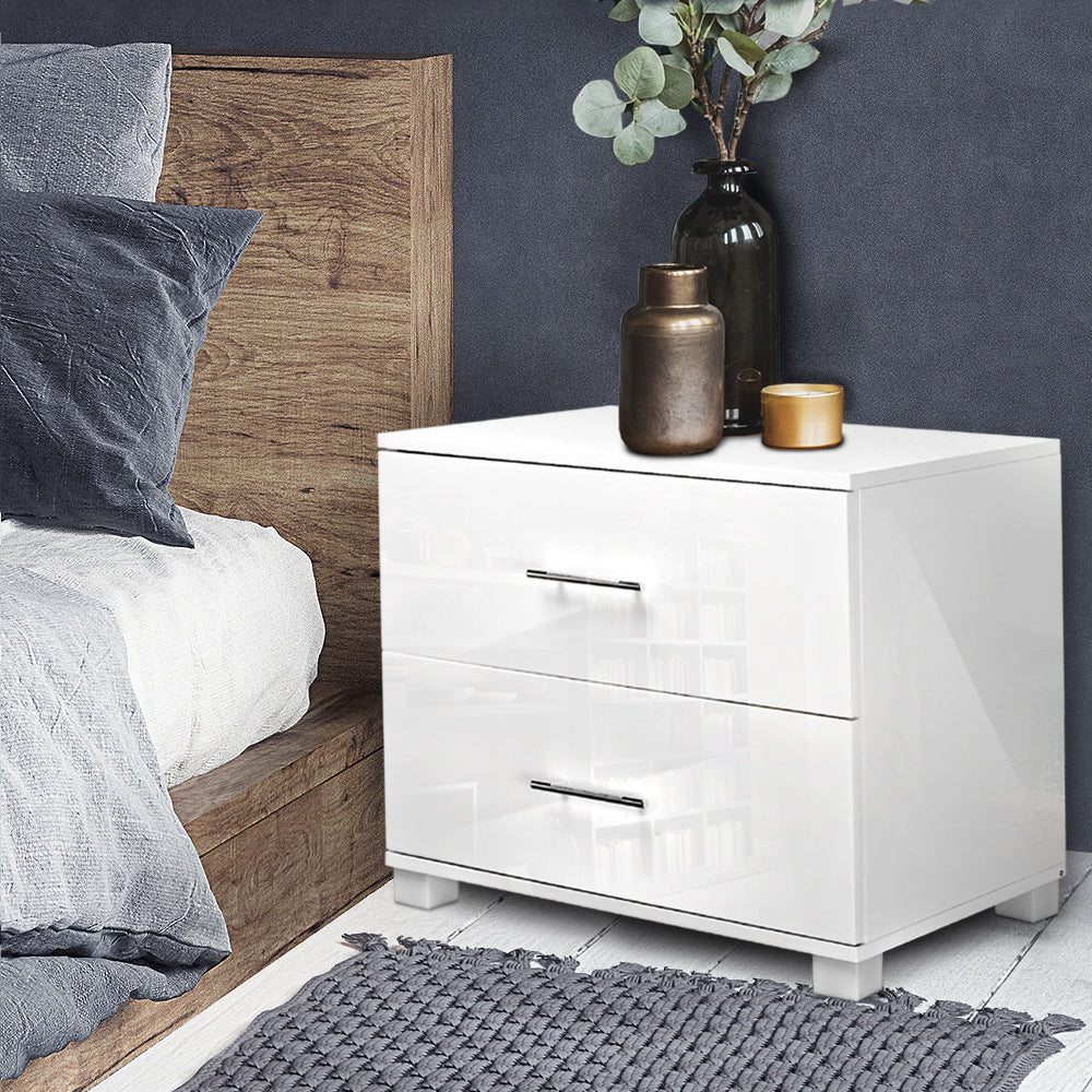 High Gloss Two Drawers Bedside Table - White - House Things Furniture > Bedroom