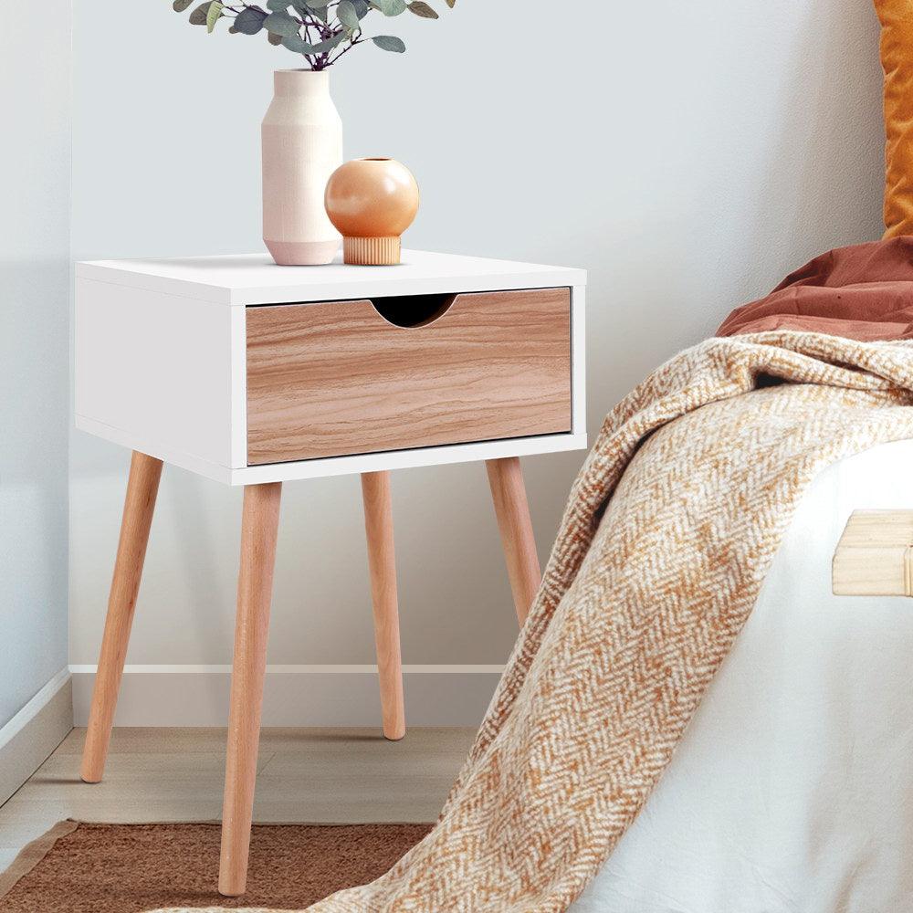 Bedside Tables Drawers Side Table Solid Wood Legs Bedroom White - House Things 