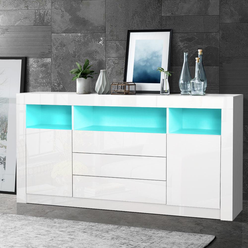 Buffet Sideboard Cabinet 3 Drawers High Gloss Storage Cupboard LED - House Things 