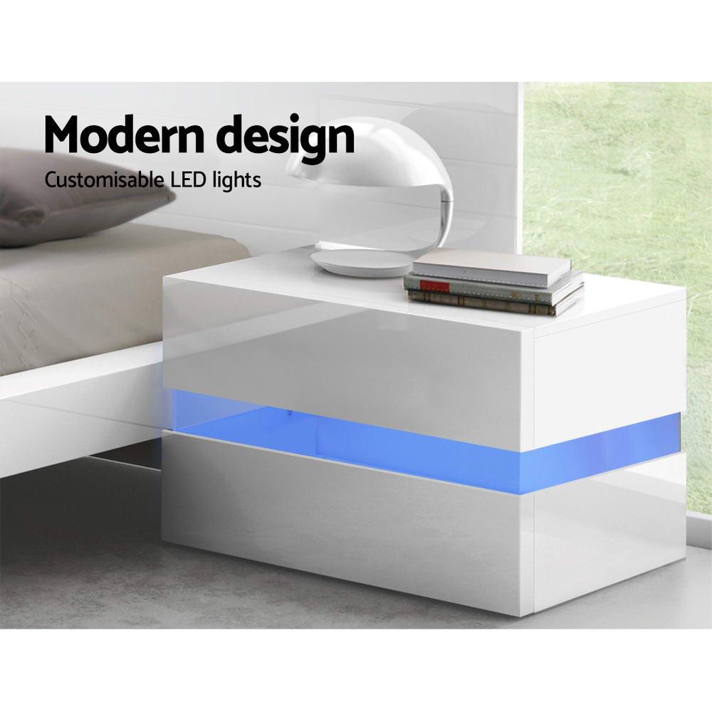 Bedside Table 2 Drawers RGB LED Side Nightstand High Gloss Cabinet White - House Things Furniture > Bedroom