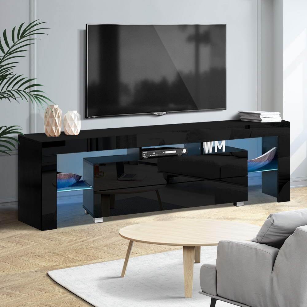 TV Cabinet Entertainment Unit LED Gloss 160cm Black - House Things Furniture > Living Room