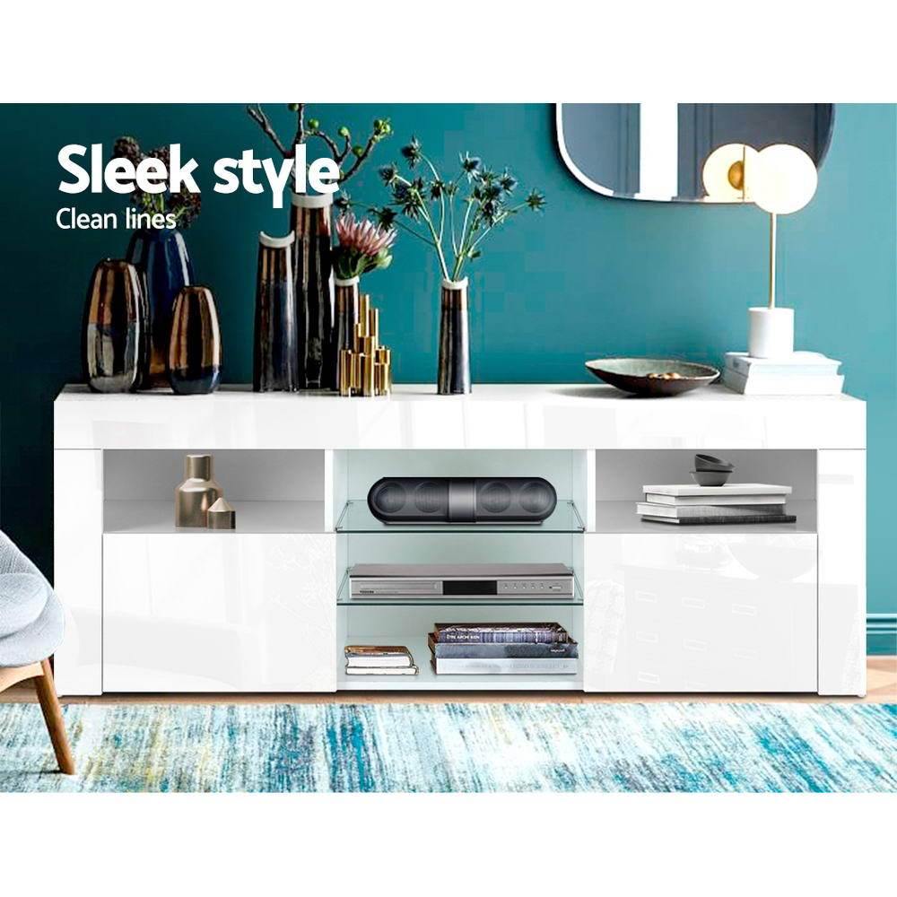 TV Cabinet Entertainment Unit RGB LED Gloss White 145cm - House Things Furniture > Living Room