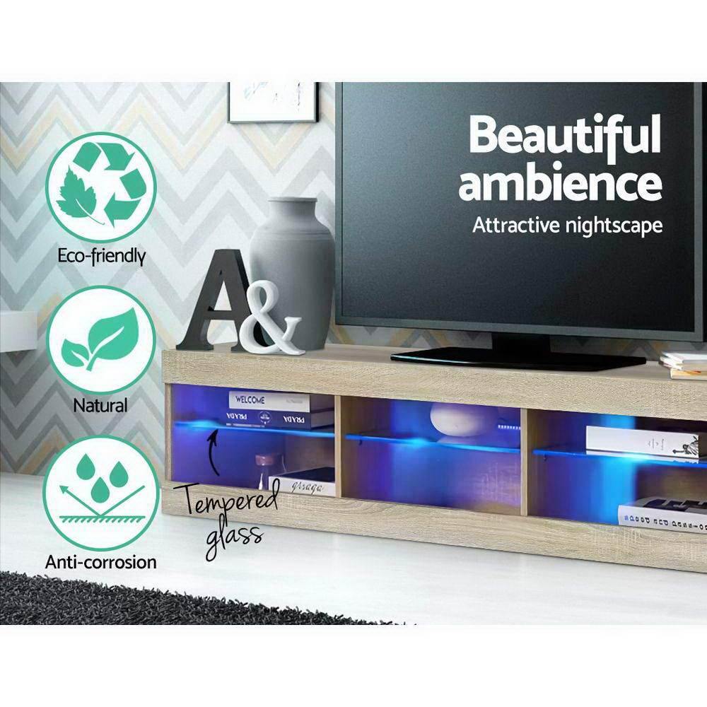 TV Cabinet Entertainment Unit LED Glass Shelf 150cm Oak - House Things Furniture > Living Room