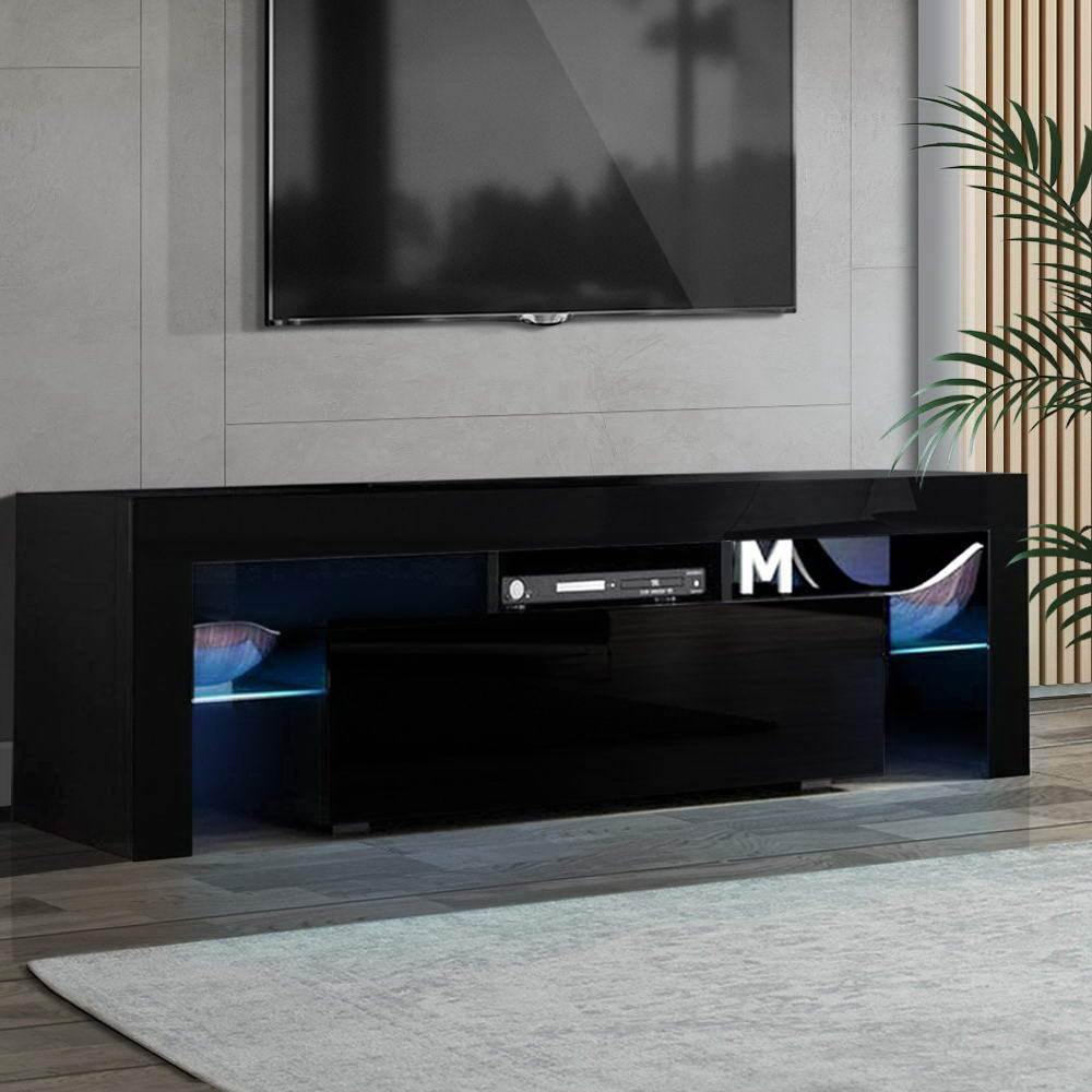 TV Cabinet Entertainment Unit LED Gloss Black 130cm - House Things Furniture > Living Room