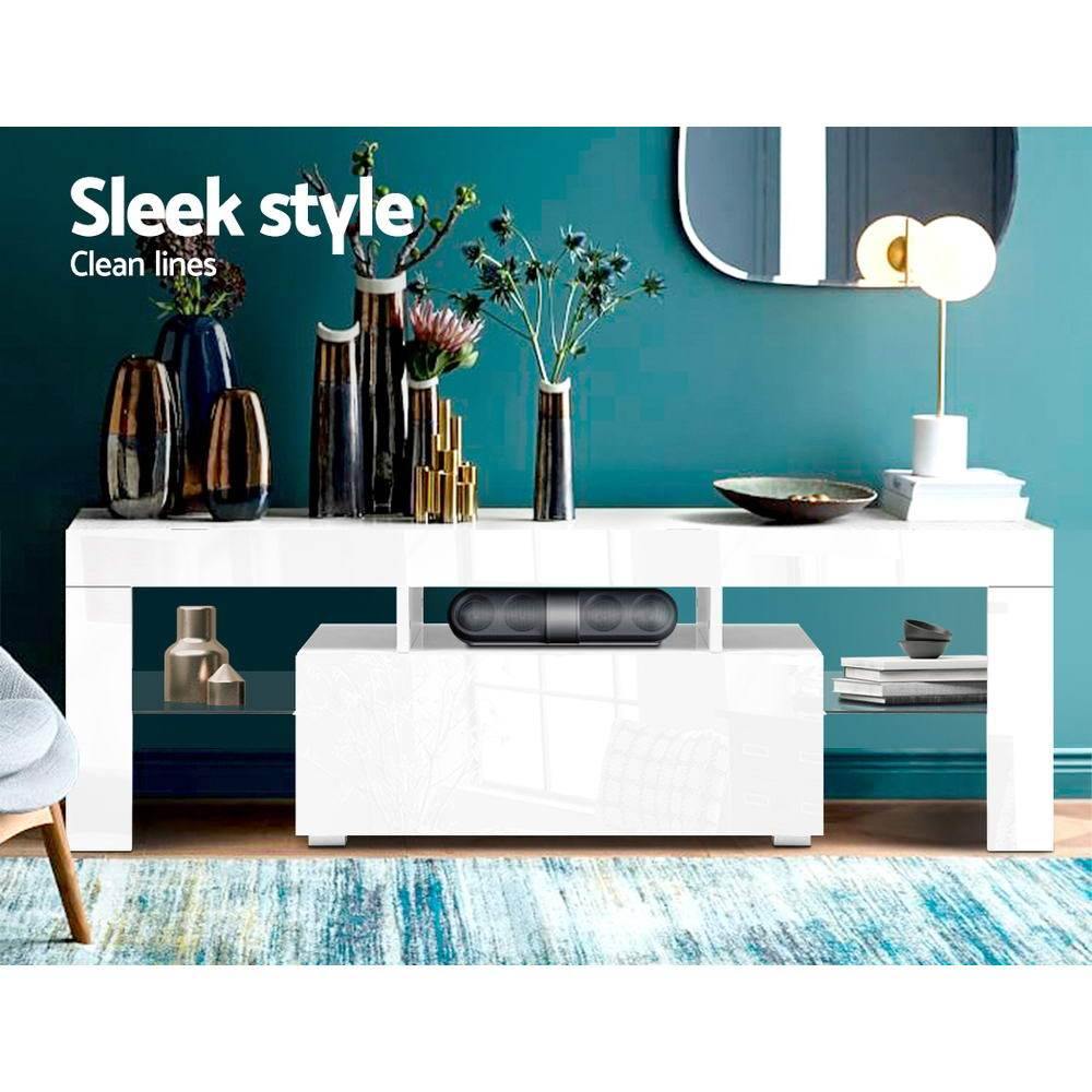 LED TV Stand Cabinet Entertainment Unit Gloss White 130cm - House Things Furniture > Living Room