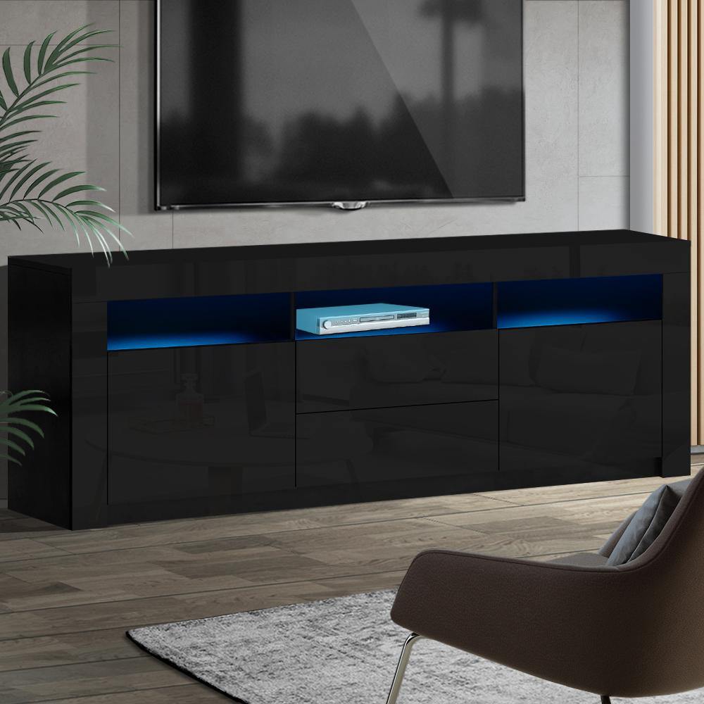 TV Cabinet Entertainment Unit LED High Gloss Black 200cm - House Things Furniture > Living Room
