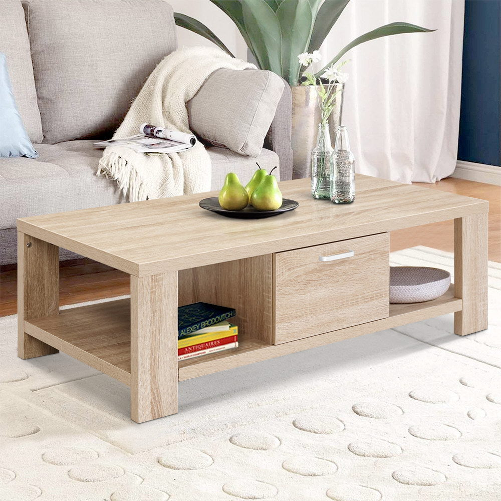 Coffee Table Wooden Shelf Storage Drawer Living Furniture Thick Tabletop - House Things Furniture