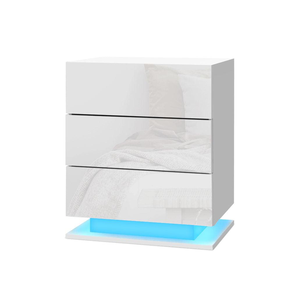 Bedside Table RGB LED Lamp 2 Drawers Nightstand Gloss White - House Things Furniture > Bedroom