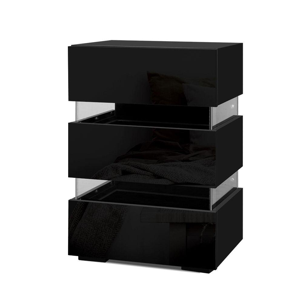 Bedside Table Side Unit RGB LED Lamp 3 Drawers Nightstand Gloss Furniture Black - House Things Furniture > Bedroom