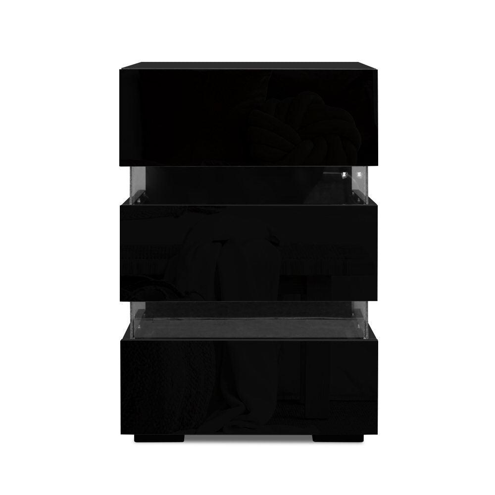 Bedside Table Side Unit RGB LED Lamp 3 Drawers Nightstand Gloss Furniture Black - House Things Furniture > Bedroom
