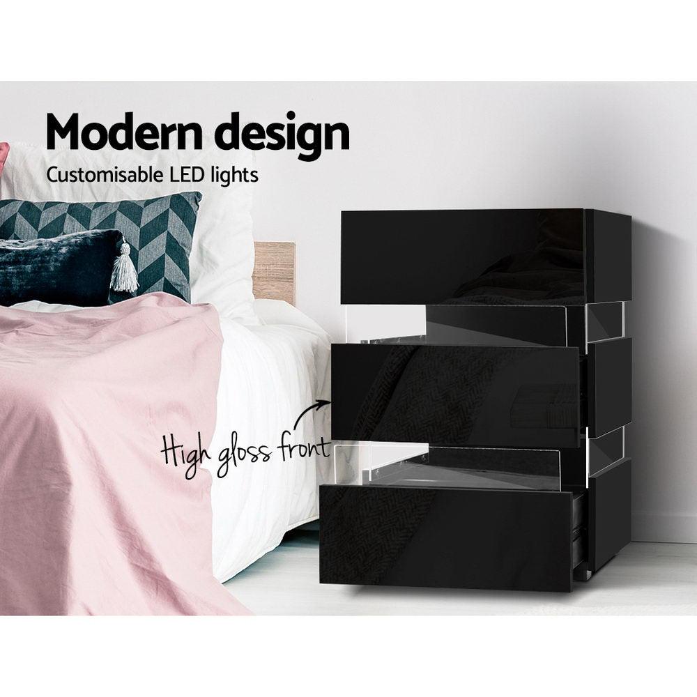 Bedside Table Side Unit RGB LED Lamp 3 Drawers Nightstand Gloss Furniture Black - House Things Furniture > Bedroom