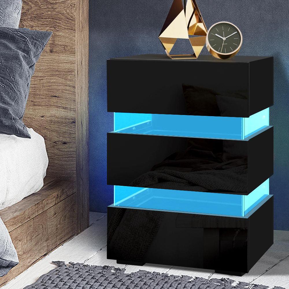 Bedside Table Side Unit RGB LED Lamp 3 Drawers Nightstand Gloss Furniture Black - House Things Furniture > Bedroom