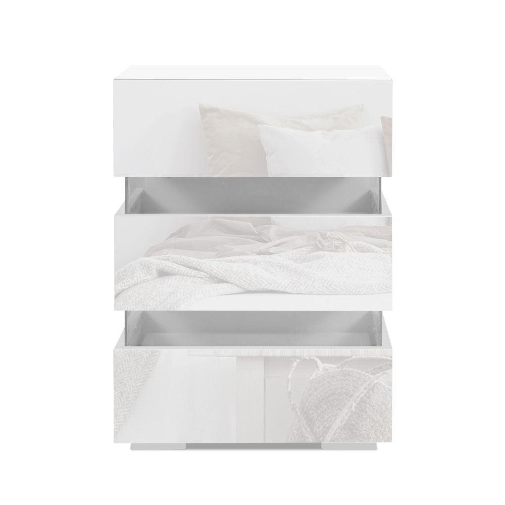 Bedside Table Side Unit RGB LED Lamp 3 Drawers Nightstand Gloss Furniture White - House Things Furniture > Bedroom
