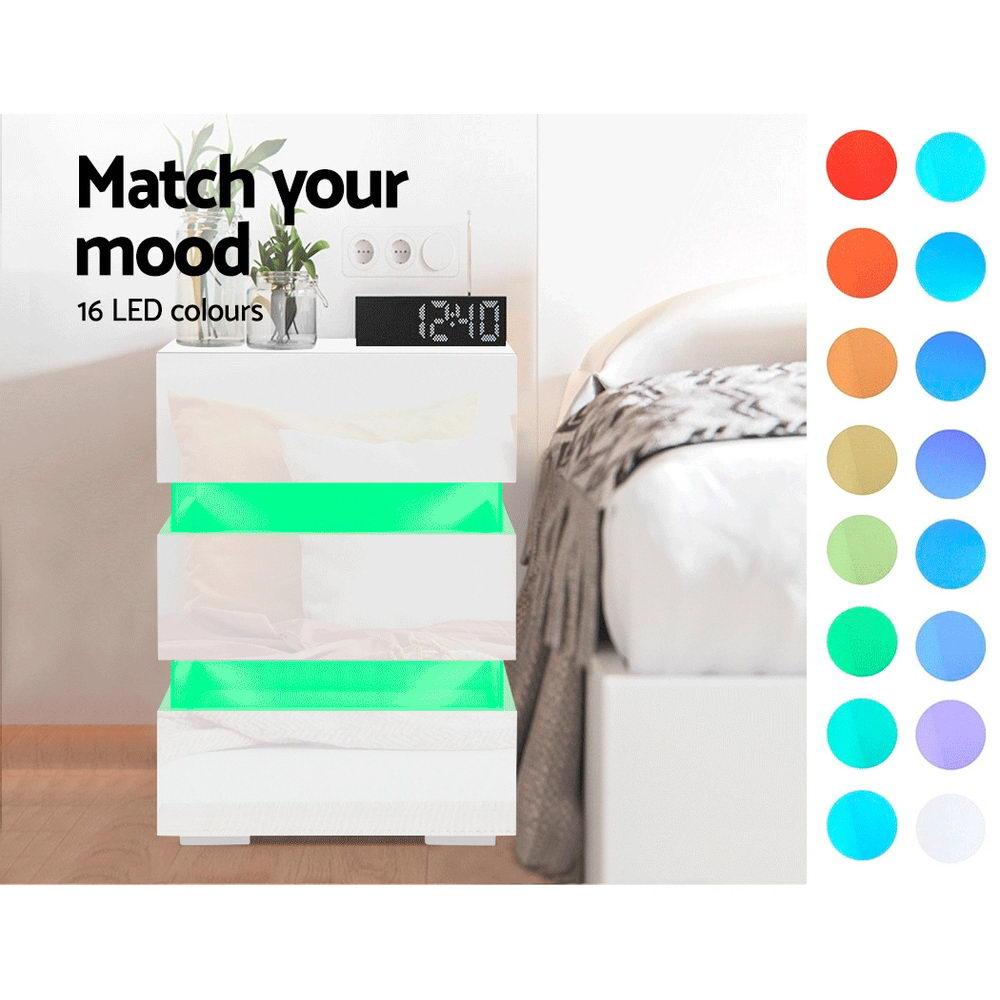 Bedside Table Side Unit RGB LED Lamp 3 Drawers Nightstand Gloss Furniture White - House Things Furniture > Bedroom