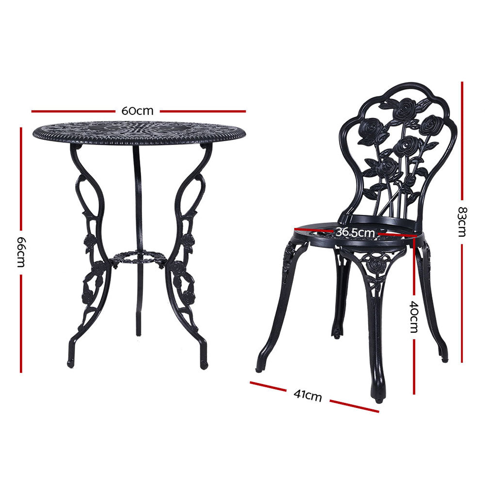 Gardeon 3PC Outdoor Setting Cast Aluminium Bistro Table Chair Patio Black - House Things Furniture > Outdoor