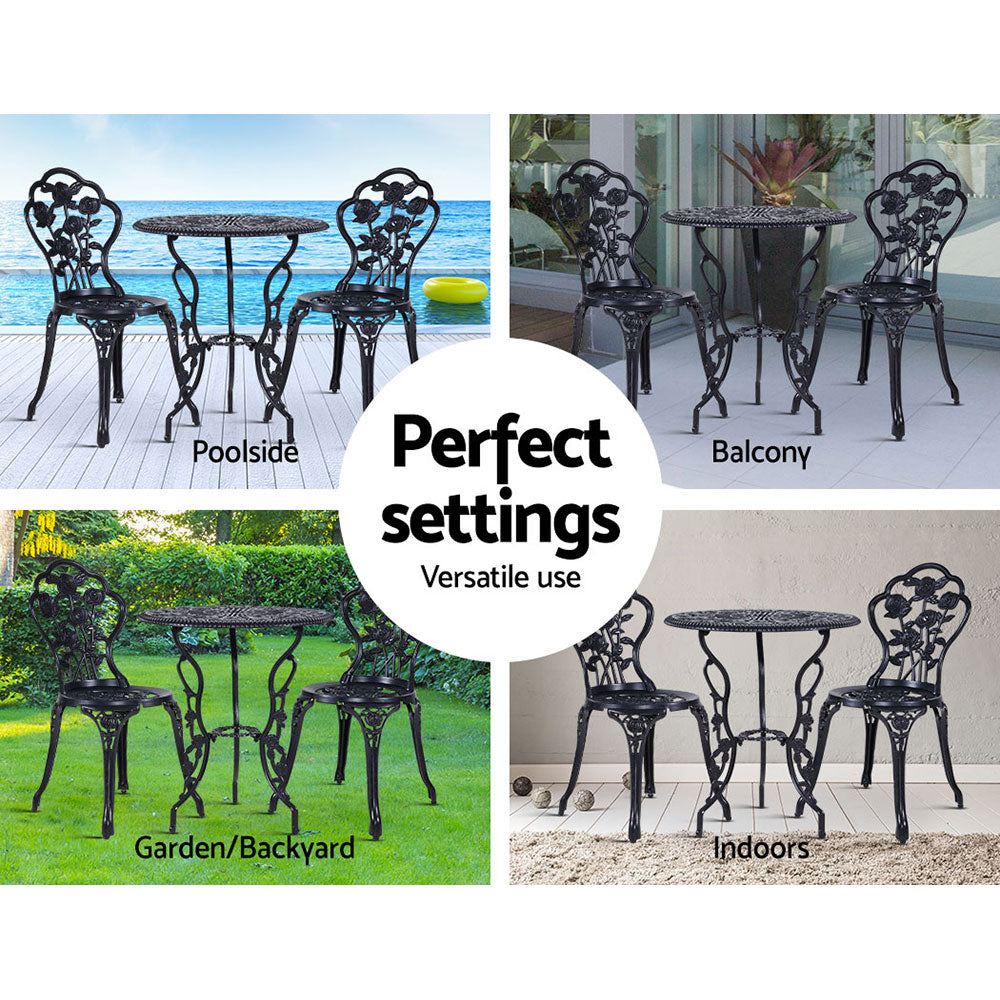 Gardeon 3PC Outdoor Setting Cast Aluminium Bistro Table Chair Patio Black - House Things Furniture > Outdoor