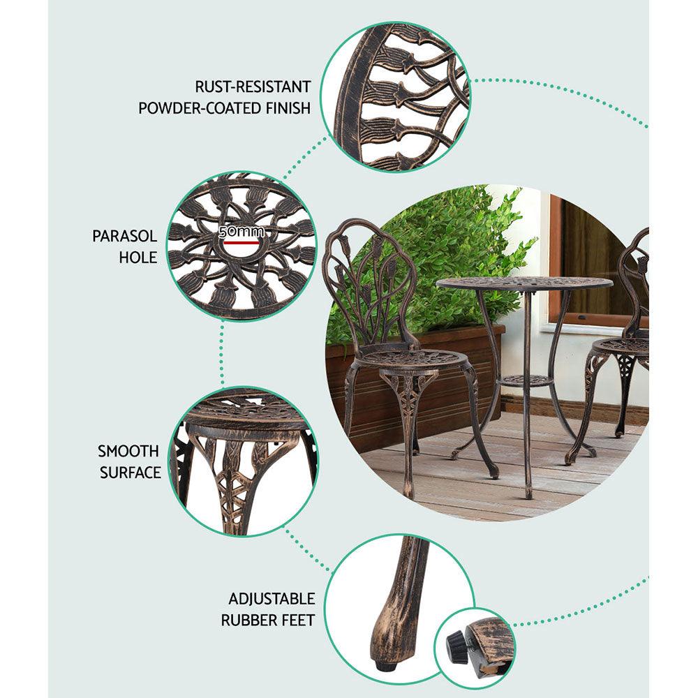 3PC Outdoor Setting Cast Aluminium Bistro Table Chair Patio Bronze - House Things Furniture > Outdoor