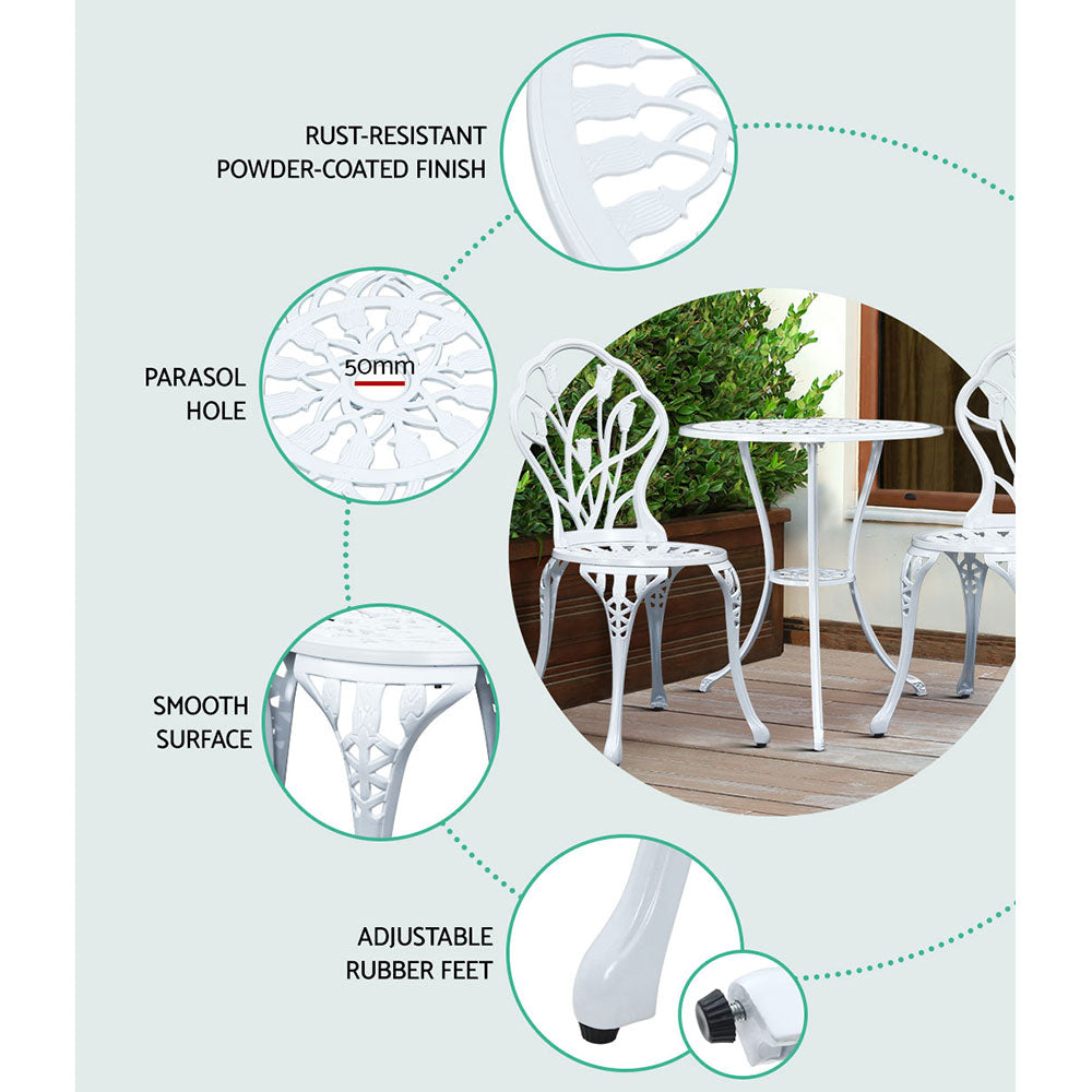 Gardeon 3PC Outdoor Setting Cast Aluminium Bistro Table Chair Patio White - House Things Furniture > Outdoor